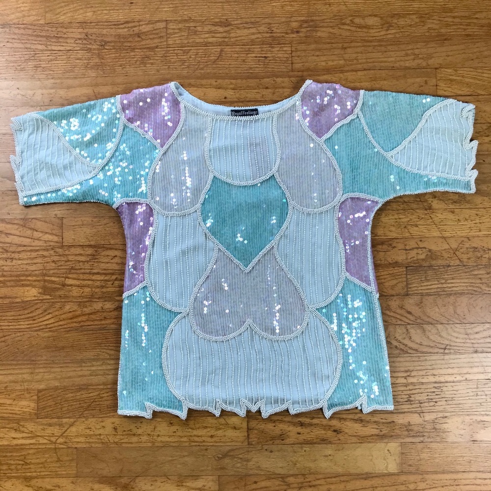 1980s Pastel Silk and Sequin Blouse